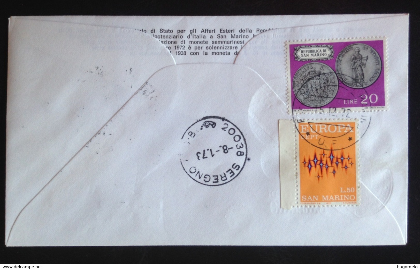 San Marino, Registered Circulated FDC, « MONETE DI S. MARINO », « Coins On Stamps »1972 - FDC