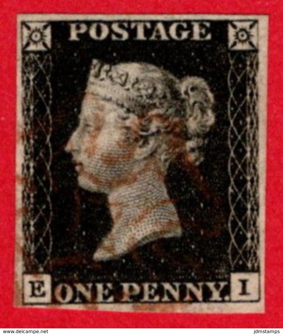 GBR SC #1 U (E,I) 1840 Queen Victoria 4 Margins W/red Cancel CV $375.00 - Oblitérés