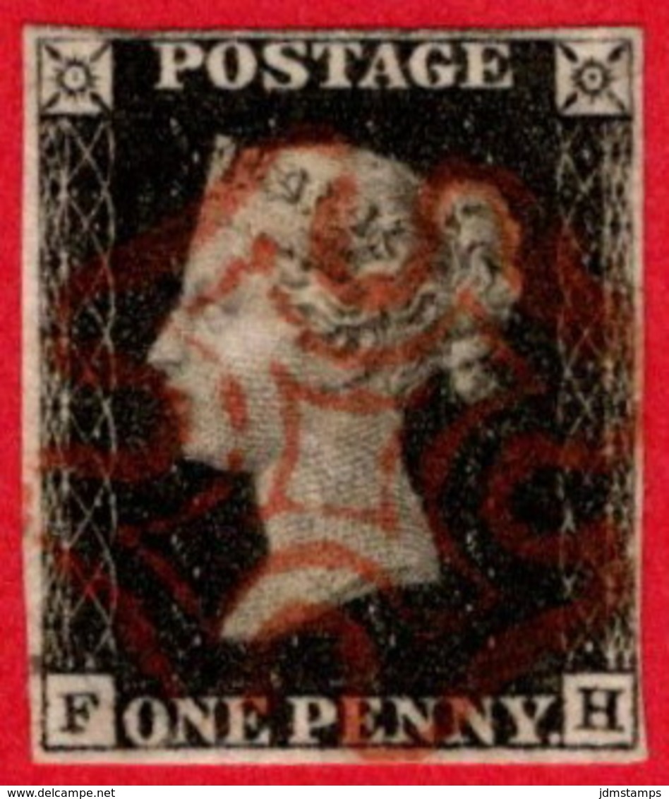 GBR SC #1 U (F,H) 1840 Queen Victoria 4 Margins W/red MC Cancel CV $370.00 - Used Stamps