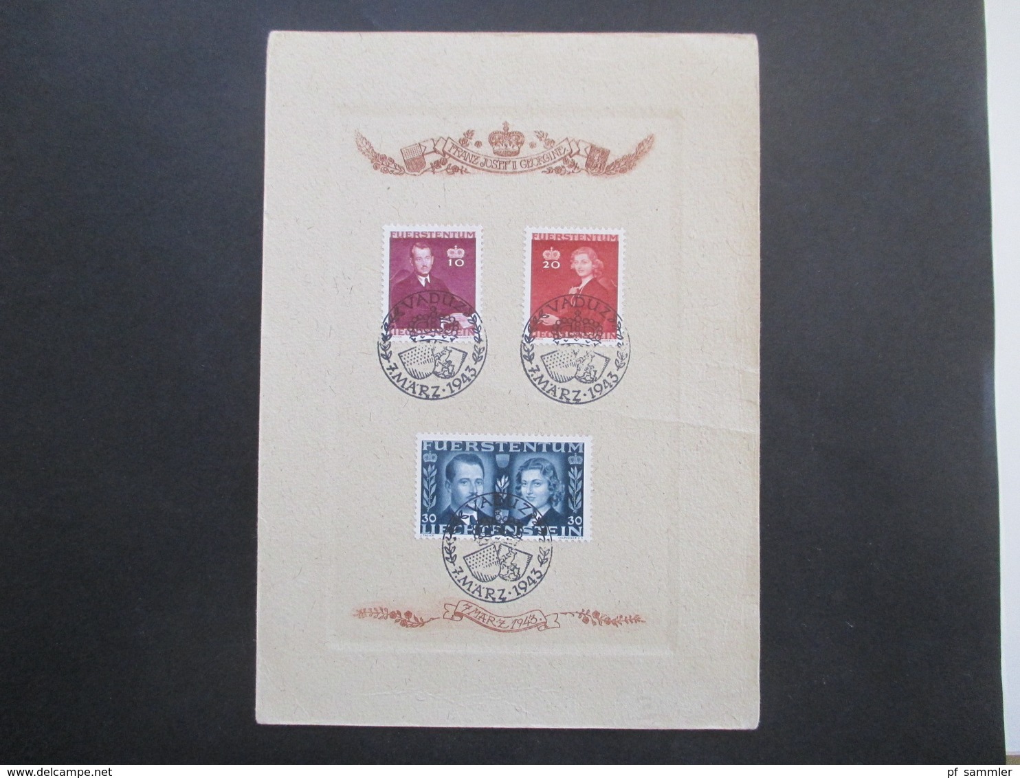 Liechtenstein 1943 Nr. 211 - 213 Hochzeit Franz Josef II Und Gräfin Gina Von Wilczek Sonderblatt / Sonderstempel FDC ?? - Storia Postale