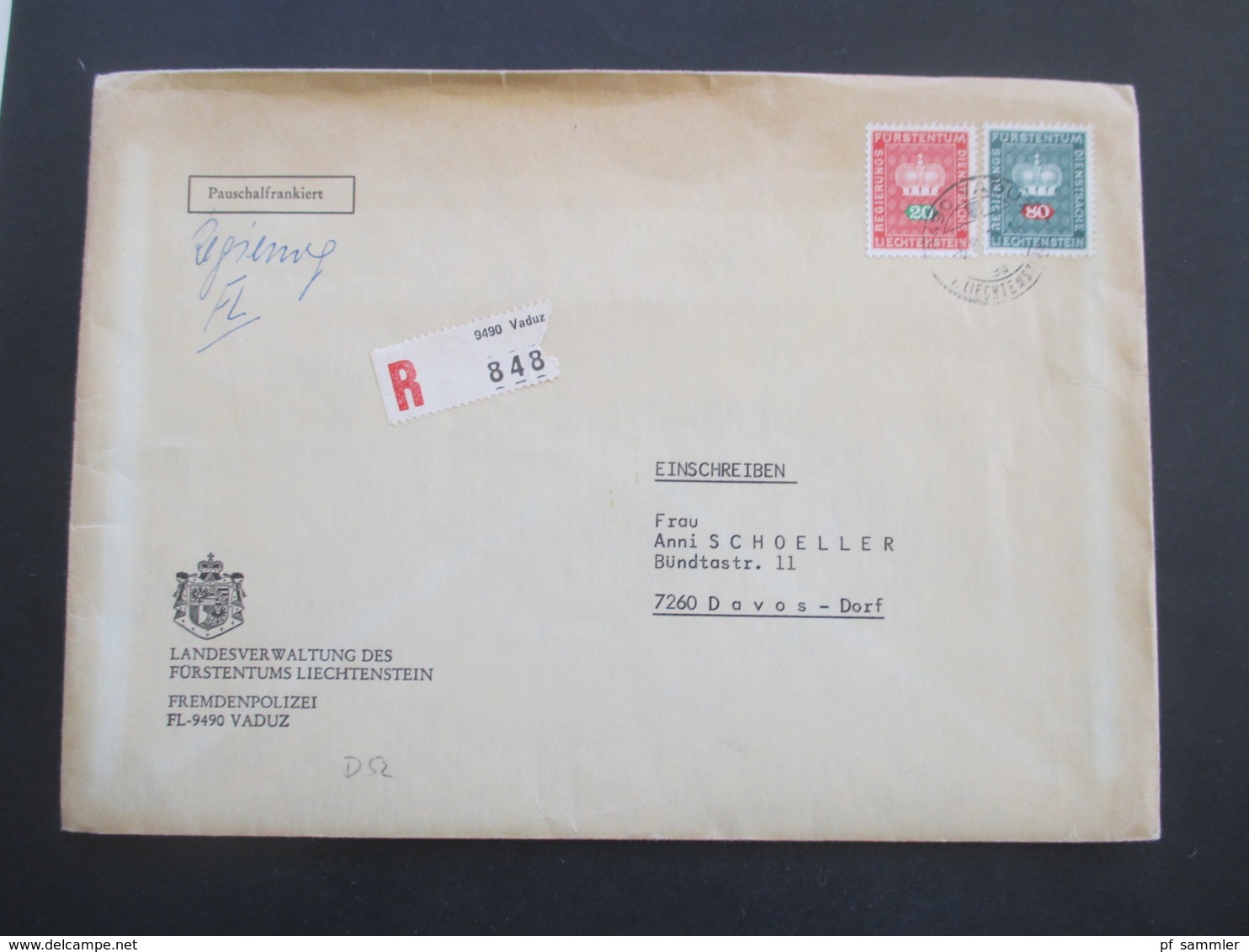 Liechtenstein 1975 Dienstmarken Nr. 47 U. 52 MiF Einschreiben Vaduz Landesverwaltung Des Fürstentums Fremdenpolizei - Cartas & Documentos