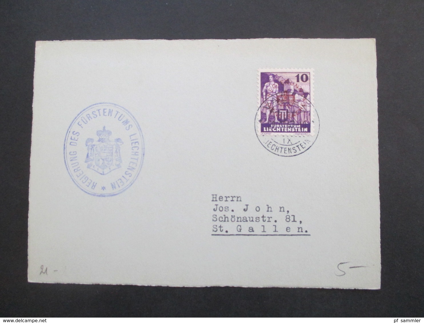 Liechtenstein 1937 Dienstmarke Nr. 21 mit Stempel der Regierung des Fürstentums Liechtenstein insgesamt 14 Karten