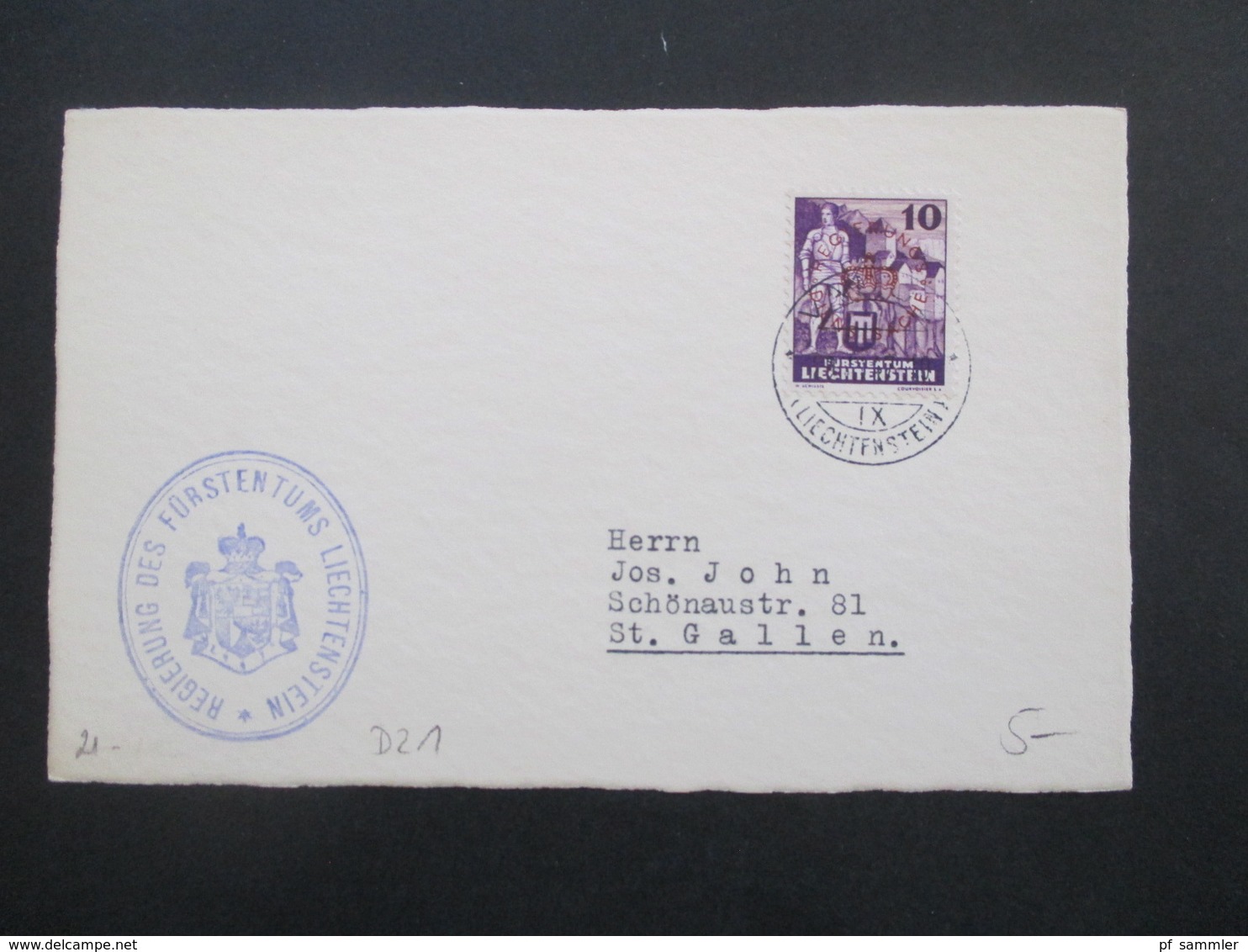 Liechtenstein 1937 Dienstmarke Nr. 21 mit Stempel der Regierung des Fürstentums Liechtenstein insgesamt 14 Karten