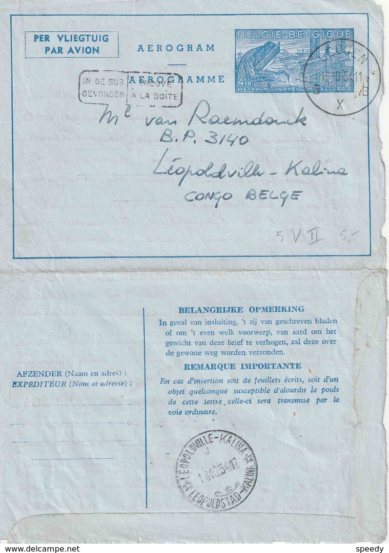 AEROGRAM : 5 V II  "IN DE BUS GEVONDEN"  "LEUVEN 15.X.54"  Naar "LEOPOLDVILLE-KALINA/J/18.10.54 /LEOPOLDSTAD-KALINA" - Aerogramas