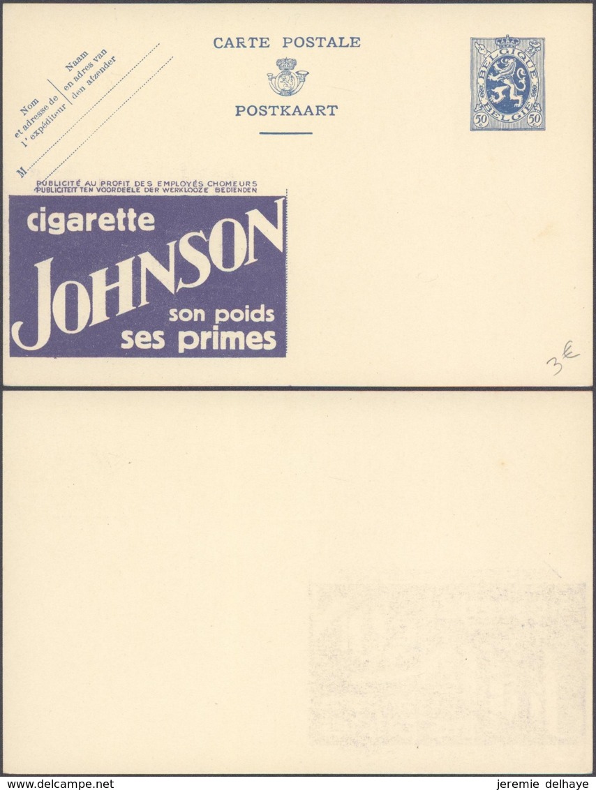 EP Au Type 50ctm Bleu Lion Héraldique + Repiquage PUB "Cigarette Johnson" & PUB Au Profit Des Employés Chomeurs - Publibels