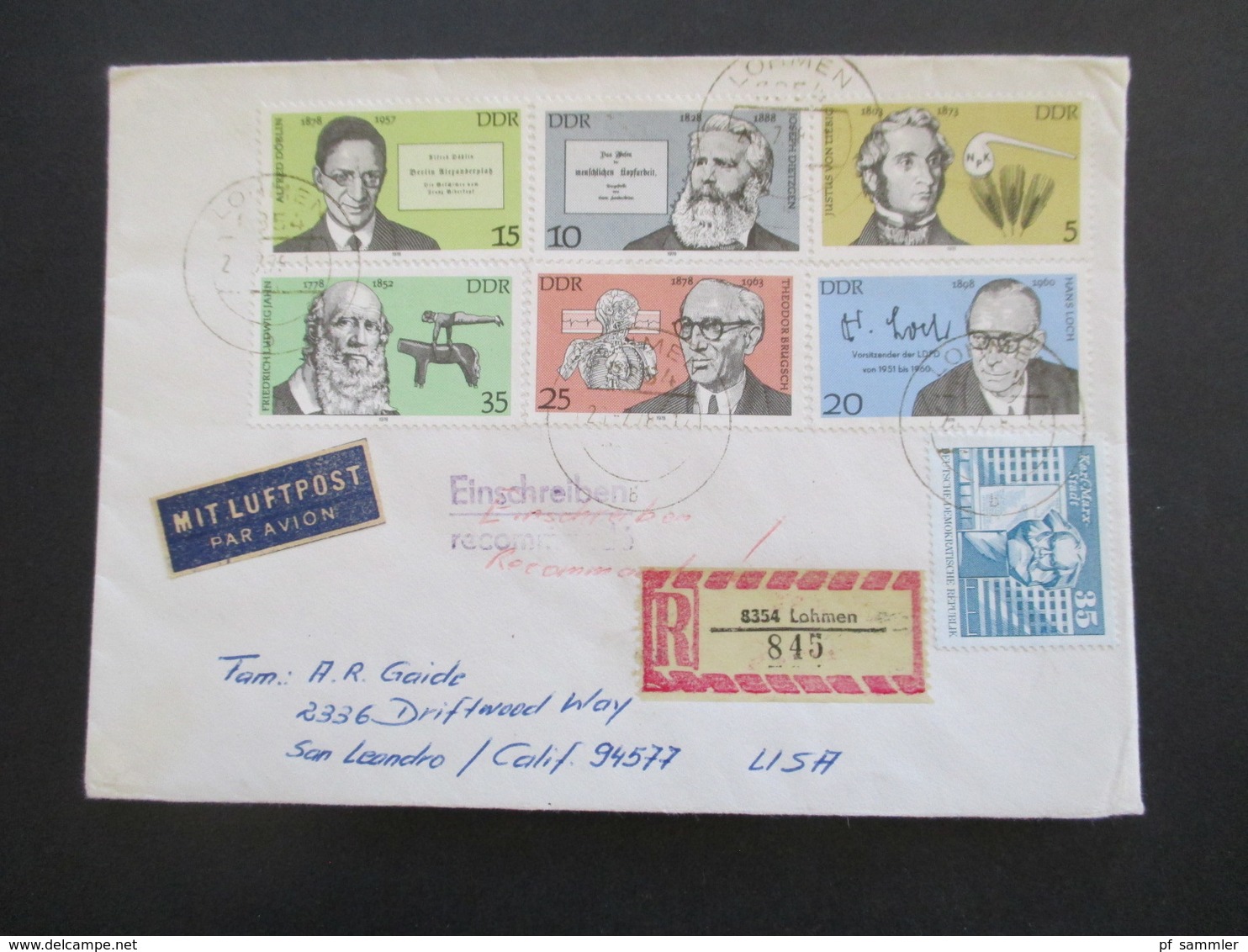 DDR 1978 Einschreiben Lohmen Nach San Leandro USA Mit Luftpost Und Ank. Stempel - Storia Postale