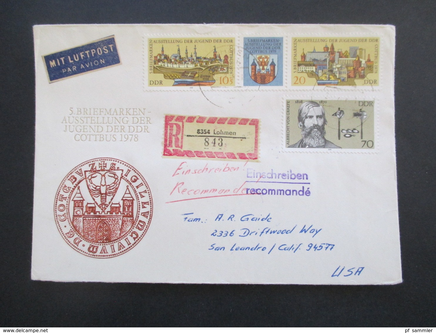 DDR 1978 Einschreiben Lohmen Nach San Leandro USA Mit Luftpost Und Ank. Stempel - Storia Postale