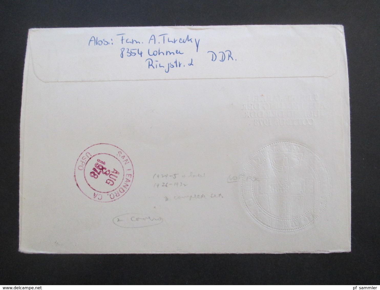 DDR 1978 Einschreiben Lohmen Nach San Leandro USA Mit Luftpost Und Ank. Stempel - Brieven En Documenten