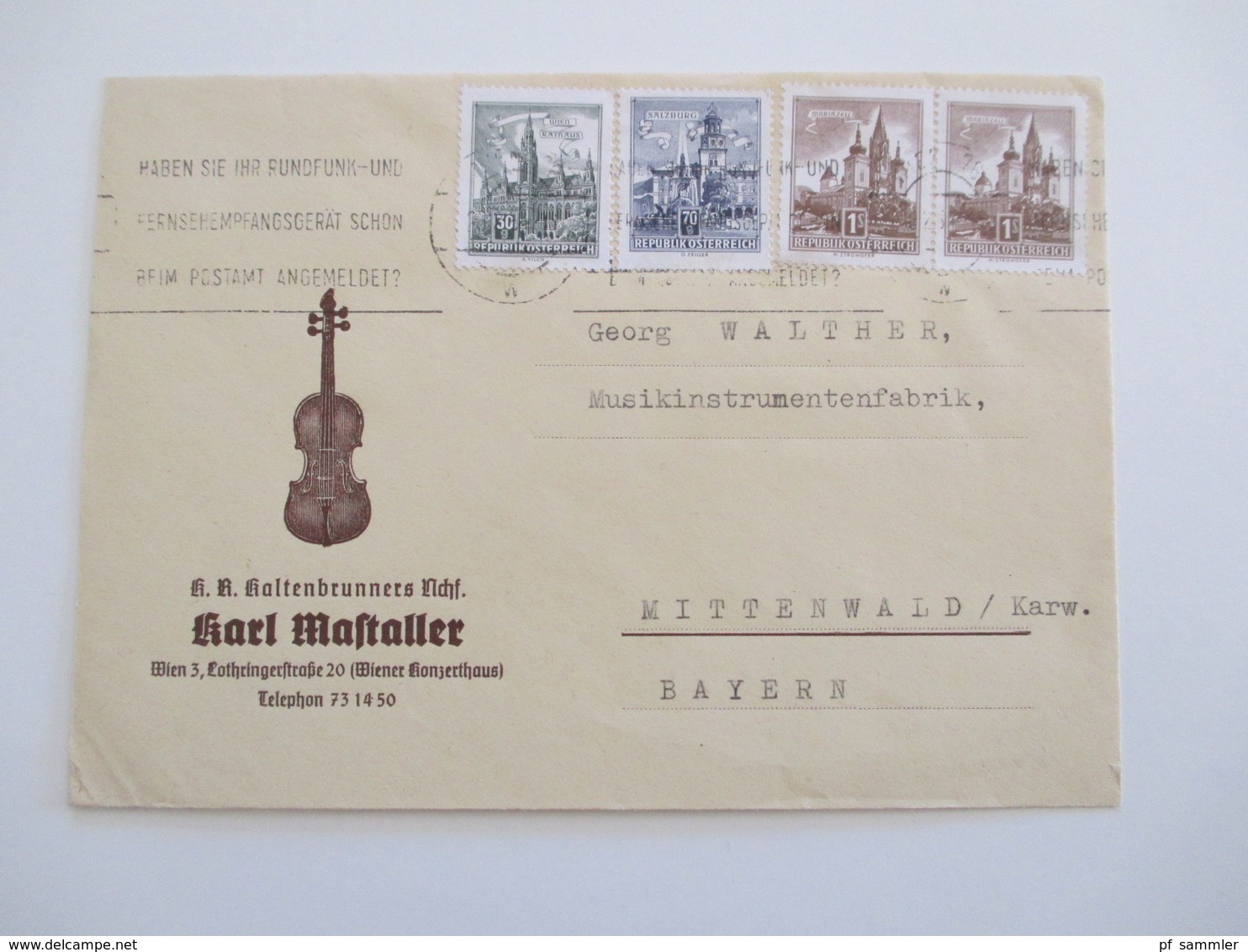 Österreich 1960er Jahre Belege Lot 9 Stk. Firmenumschläge Thematik Musikinstrumente / Geigen / Musik. Auch Einschreiben! - Lettres & Documents