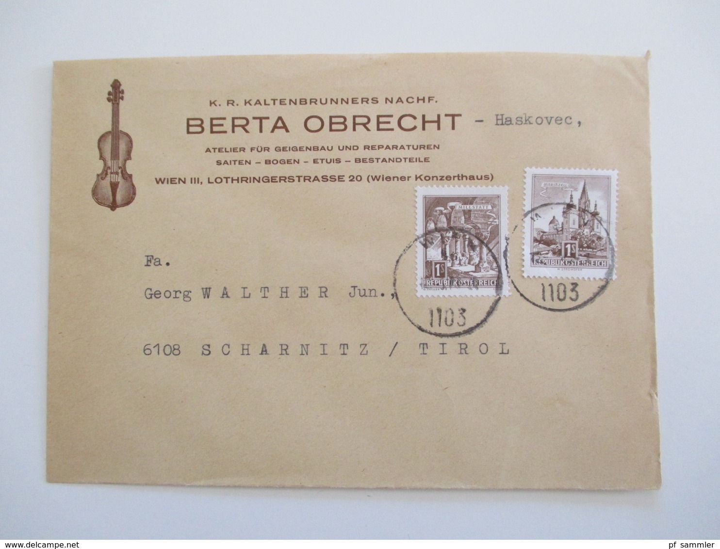 Österreich 1960er Jahre Belege Lot 9 Stk. Firmenumschläge Thematik Musikinstrumente / Geigen / Musik. Auch Einschreiben! - Cartas & Documentos