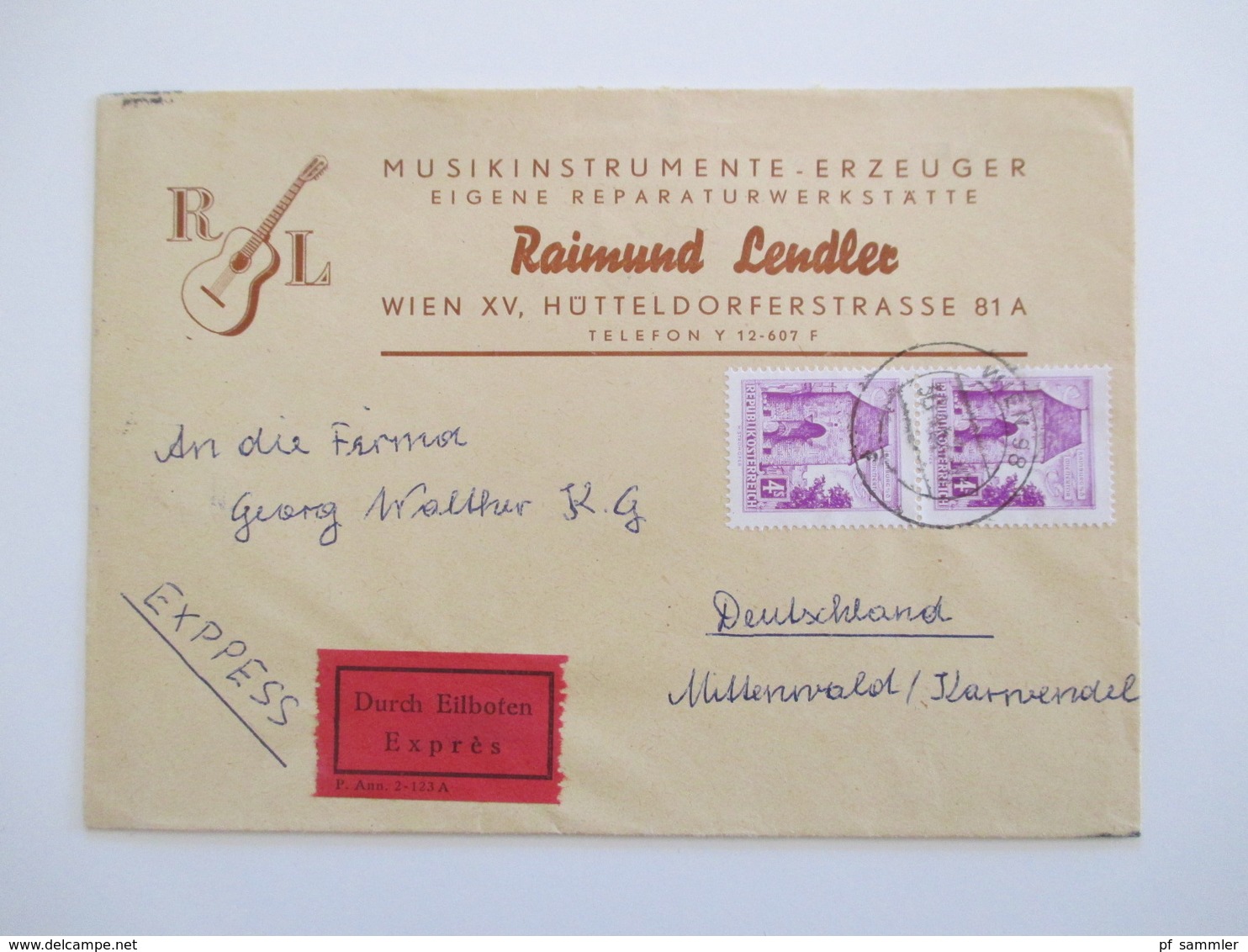 Österreich 1960er Jahre Belege Lot 9 Stk. Firmenumschläge Thematik Musikinstrumente / Geigen / Musik. Auch Einschreiben!