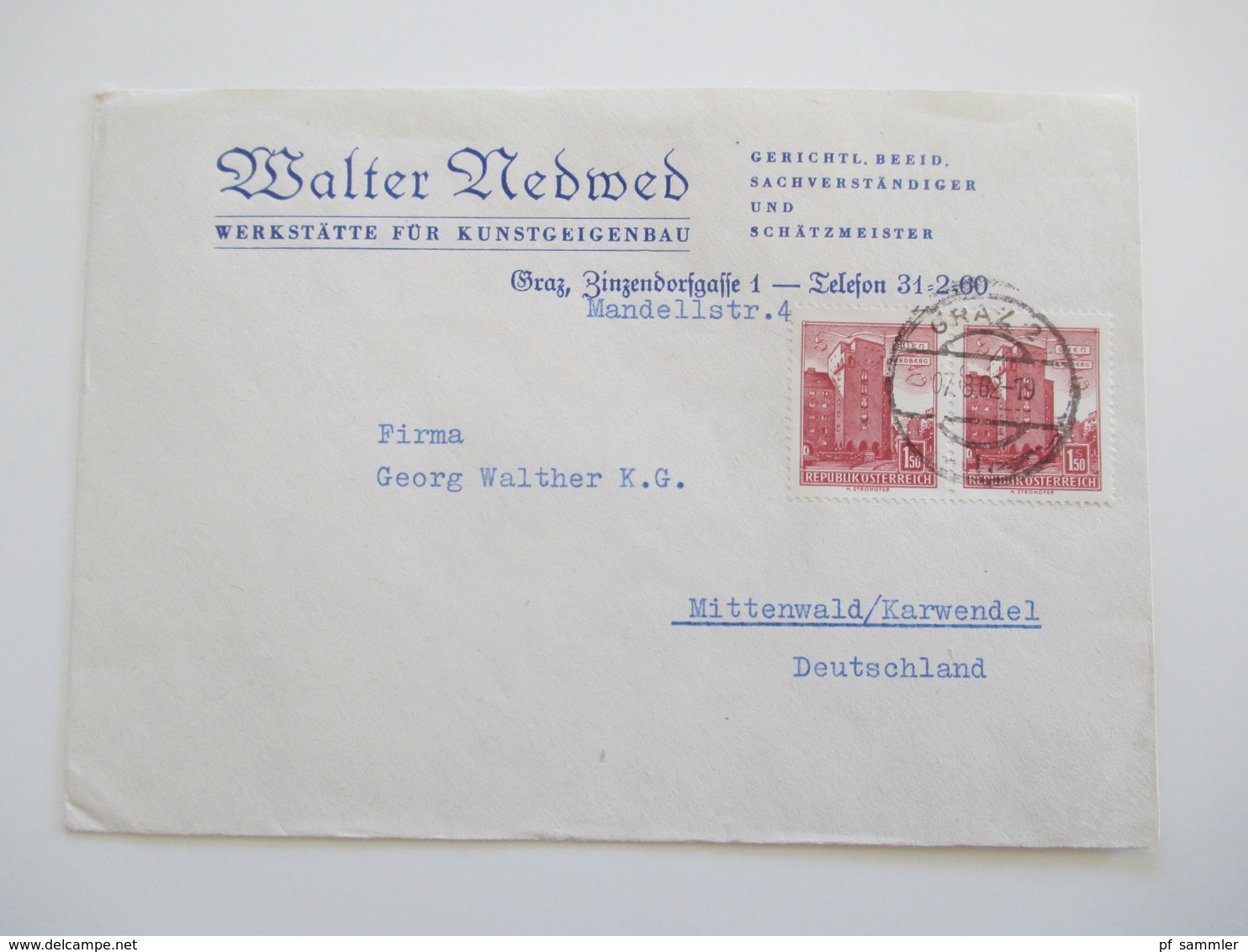 Österreich 1960er Jahre Belege Lot 9 Stk. Firmenumschläge Thematik Musikinstrumente / Geigen / Musik. Auch Einschreiben!