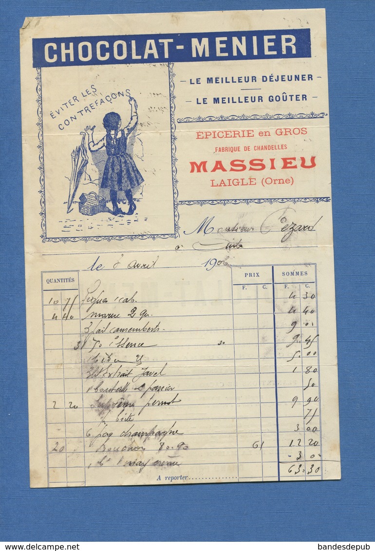 Chocolat Menier Facture Firmin Buisset  Fillette Parapluie épicerie Massieu Laigle  Dos Usine Noisiel Prix 1900 Paris - Alimentaire