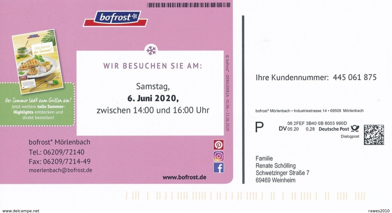 BRD / Bund Mörlenbach Dialogpost DV 05.20 0,28 Euro 2020 Bofrost Gefrierprodukte Eis Kuchen Fisch Nudelsalat - Briefe U. Dokumente