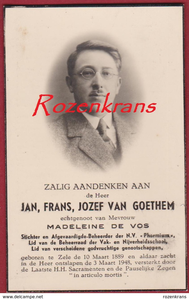 Jan Van Goethem Stichter N.V. Phormium Zele 1948 Weverij Jute Zevensterrestraat Doodsprentje Bidprentje Image Mortuaire - Zele