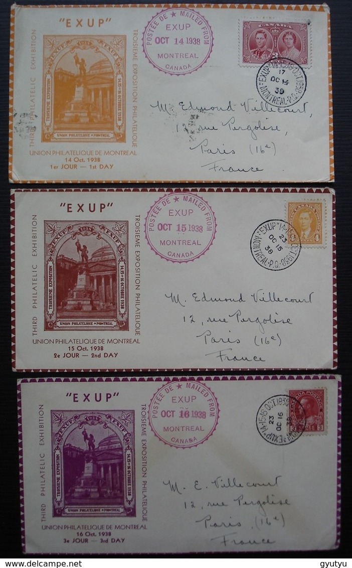 Exup Montréal 1938 Canada Union Philatélique, Lot Des 3 Enveloppes Day 1 Day 2 Day 3, 14 15 16 Octobre - Gedenkausgaben