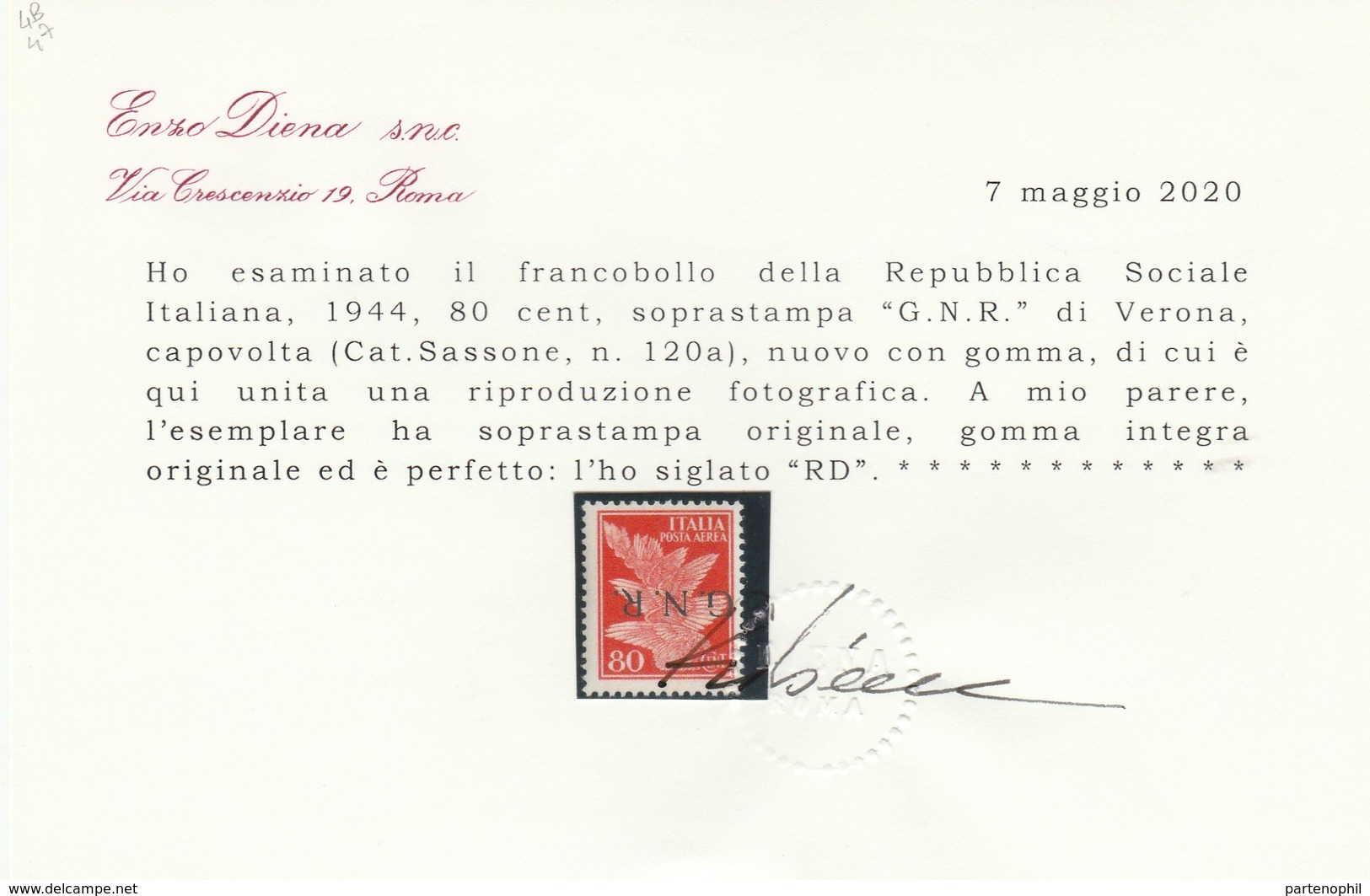 Rep. Sociale Varietà - 248 ** 1944 - Pegaso 80 C. Arancio Soprastampa G.N.R Capovolta N. 120a. Cert. E. Diena - Correo Aéreo