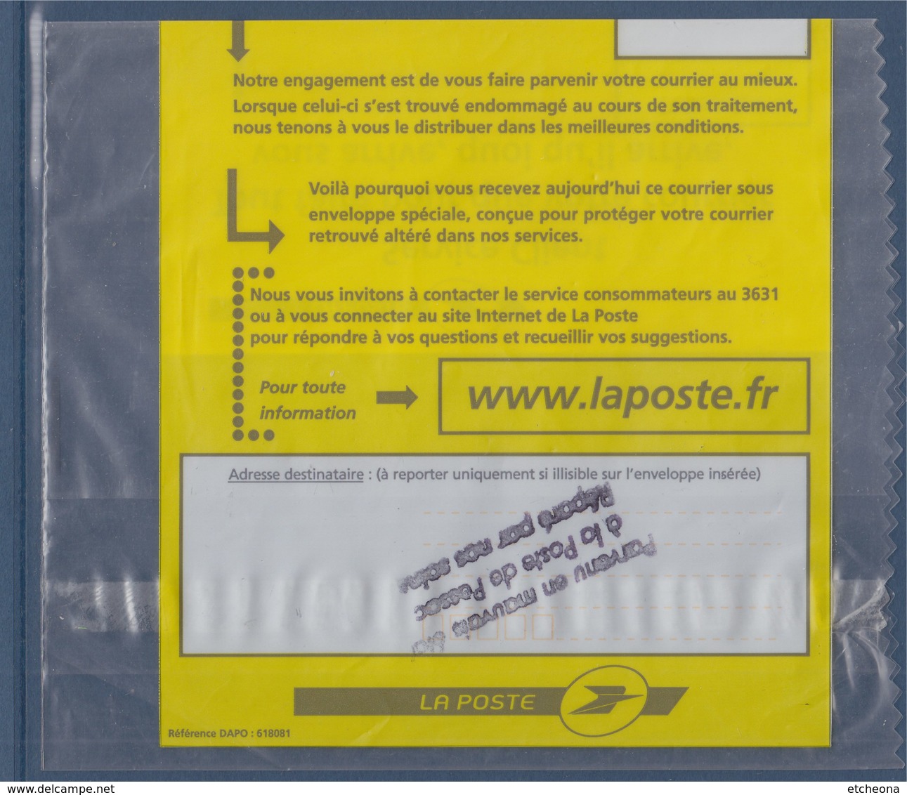 Pour Lettre Accidentée Dans Le Tri Pochette Spéciale De La Poste - Lettere Accidentate