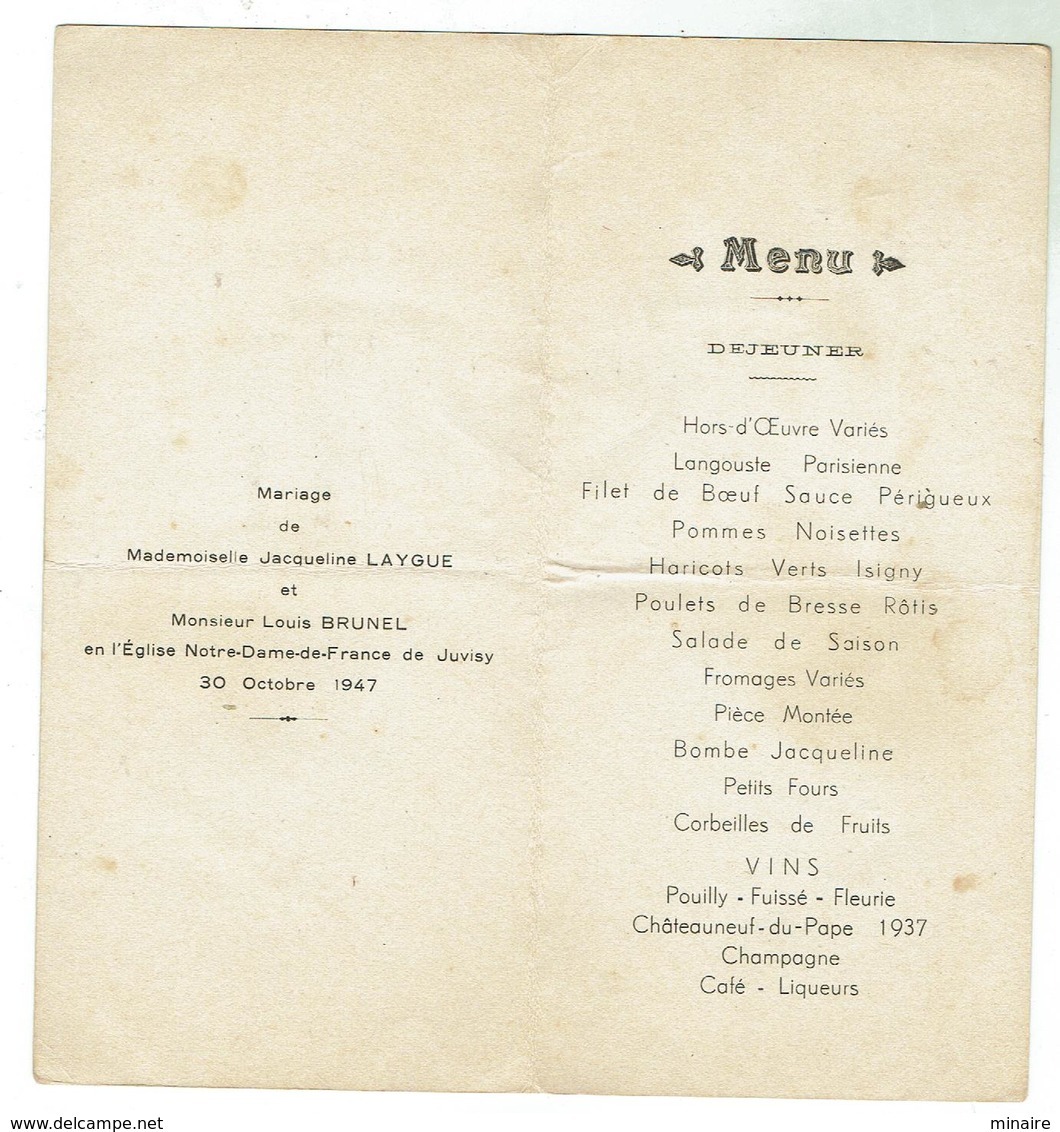 Menu De Mariage Brunel Laygue à Juvisy 1947 - Menus