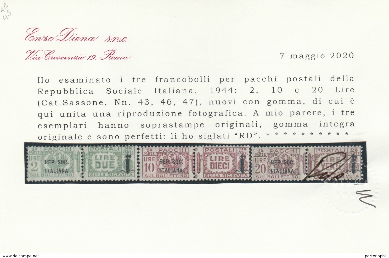 Rep. Sociale - 252 ** 1944 - Pacchi Postali Soprastampati “Rep. Soc. Italiana E Fascetto” N. 36/47. Cert. Diena. Cat. € - Express Mail