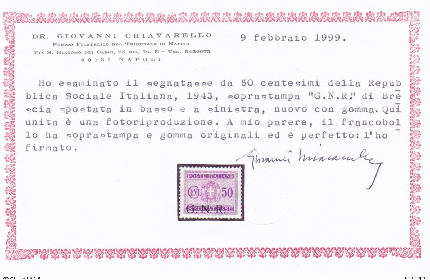 Rep. Sociale - 254  * 1944 - Segnatasse 30 C. Violetto Soprastampa Fortemente Spostata In Basso N. 51Ib. Cert. E. Chiav - Taxe