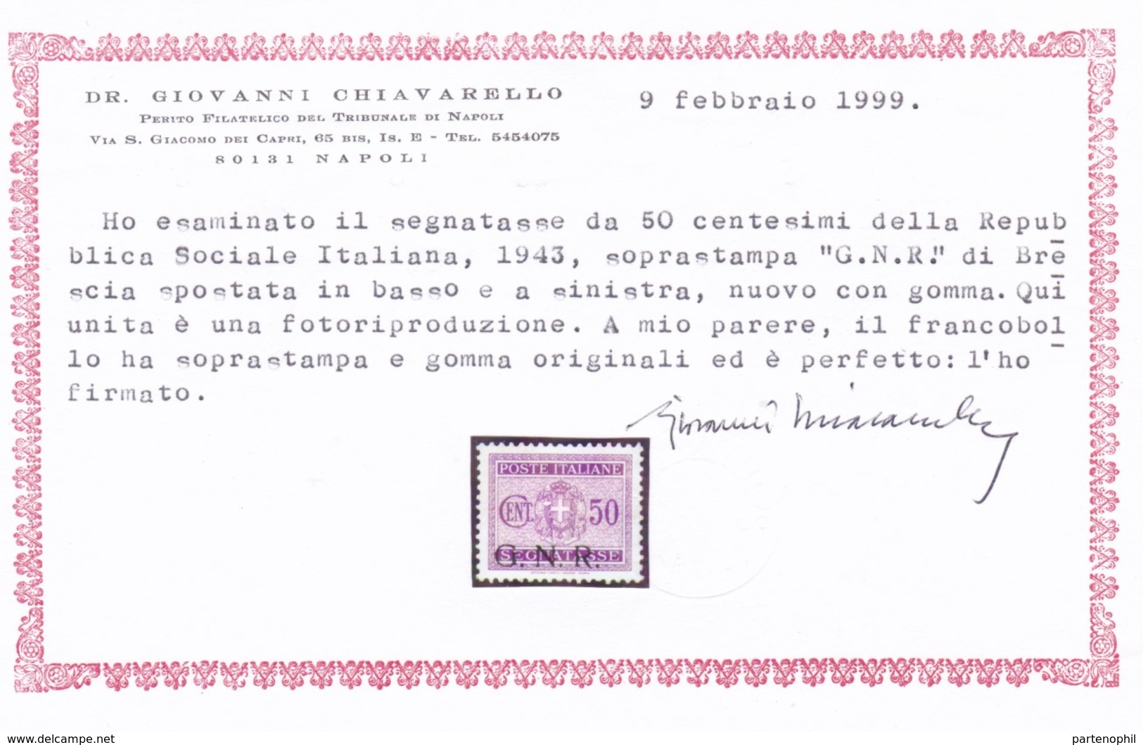 Rep. Sociale - 254  * 1944 - Segnatasse 30 C. Violetto Soprastampa Fortemente Spostata In Basso N. 51Ib. Cert. E. Chiav - Postage Due