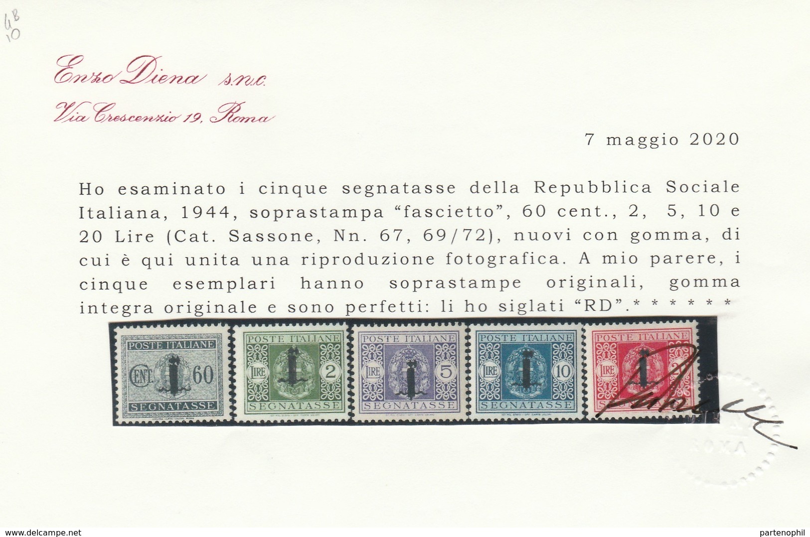 Rep. Sociale - 255 ** 1944 - Segnatasse Soprastampati Con Piccolo Fascio N. 60/72. Cert. E. Diena. Cat. € 1000,00. SPL - Taxe