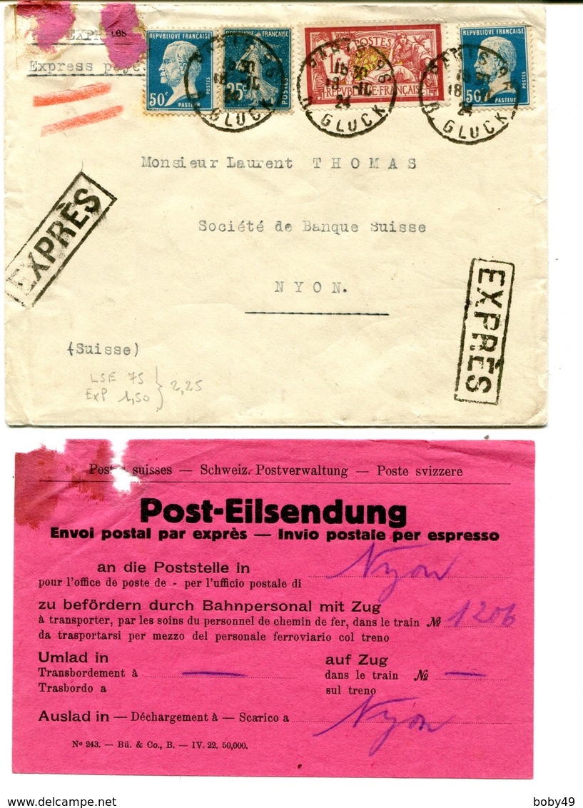 PARIS R GLUCK Env. Du 18/10/1924 Tarif EXPRES à 2F25 Pour NYON SUISSE - 1921-1960: Modern Period