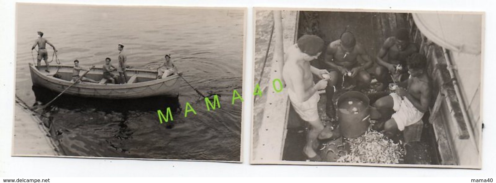 2 PHOTOS DE 1942 - MILITARIA - NAVIRE DE GUERRE FNFL - MARINS DANS BATEAU A RAMES CORVEE DE VIN - CORVEE DE PATATES - Barche