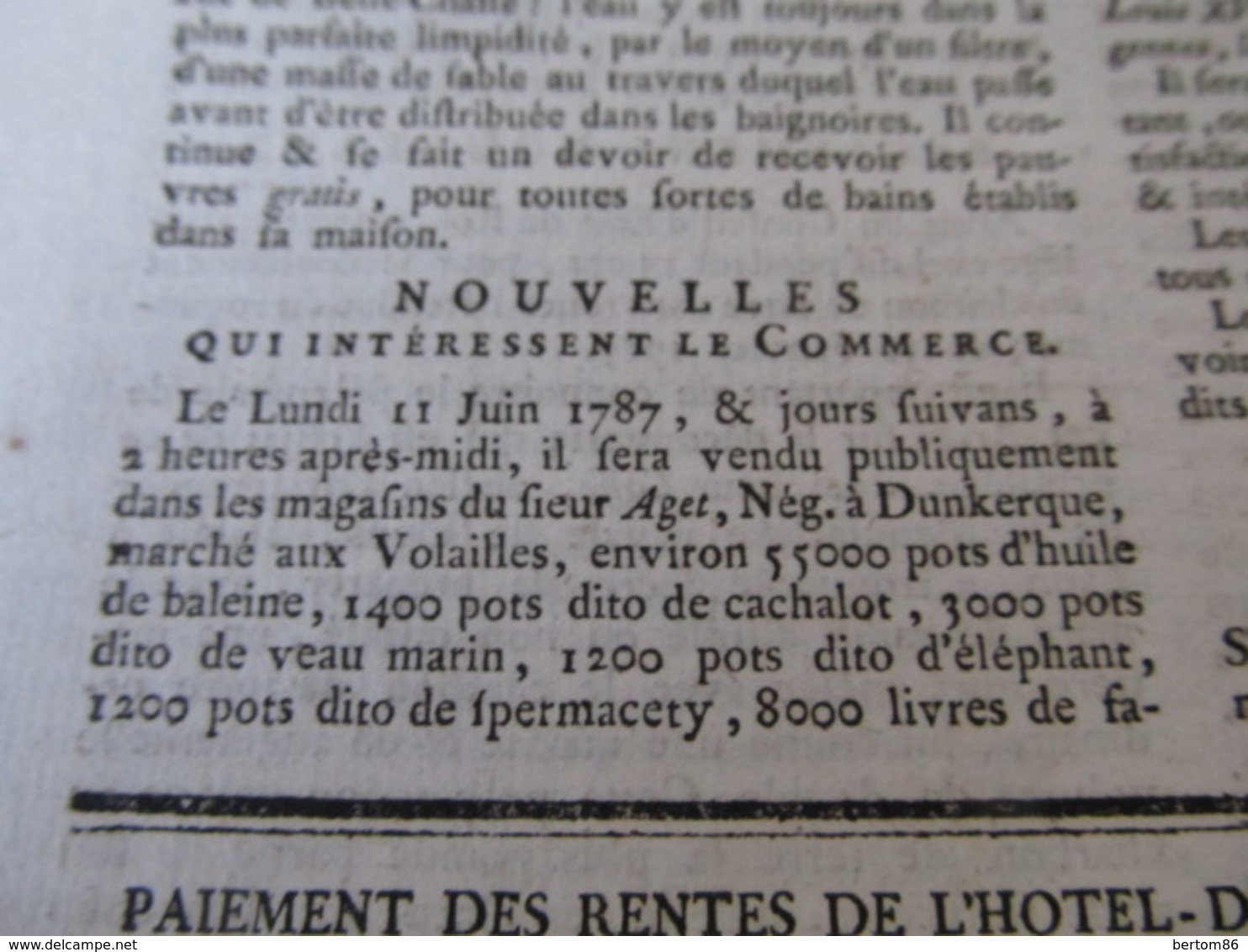 BALEINES - CACHALOTS , DANS LES MAGASINS DU SIEUR AGET A DUNKERQUE - JOURNAL GENERAL DE FRANCE 1747. - Kranten Voor 1800