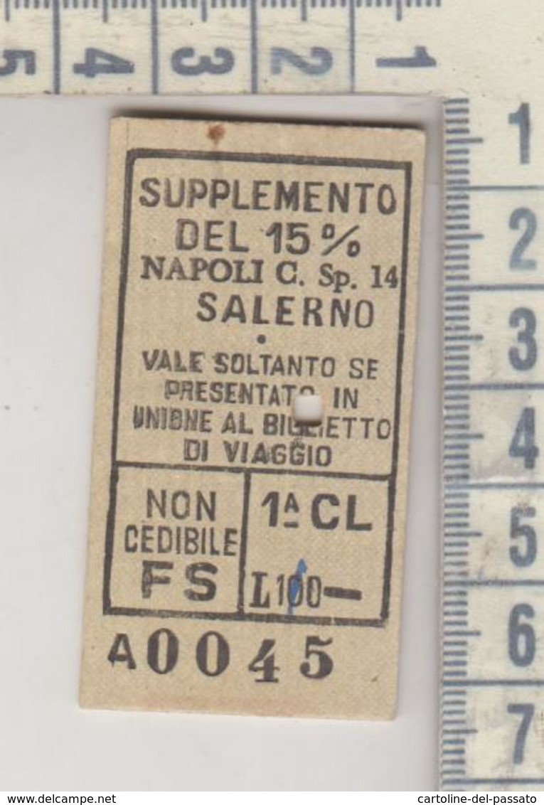 Biglietto Ticket Buillet  Ferrovie Dello Stato Napoli / Salerno Con Supplemento 15% - Europe