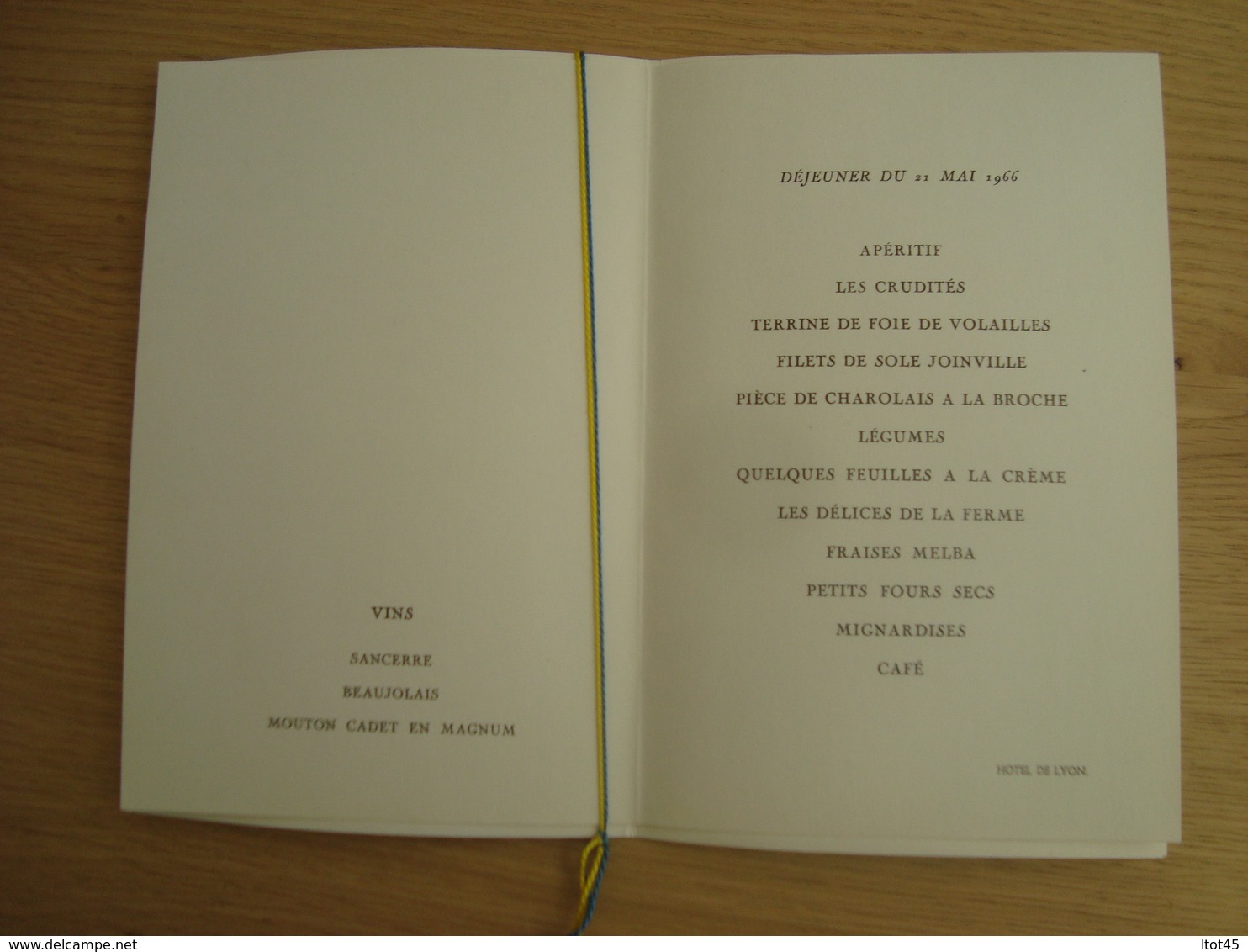 MENU 22 MAI 1966 HOTEL DE LYON - Menus