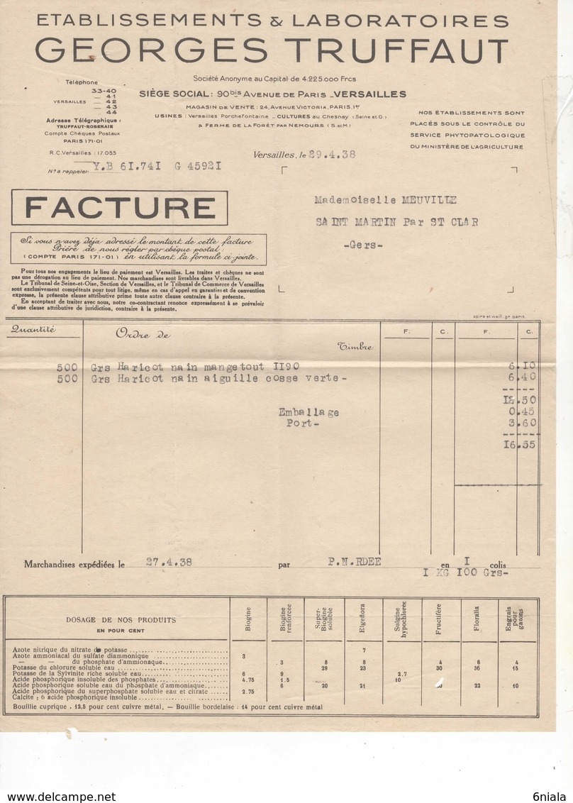 597 FACTURE établissements Laboratoires Plantes Georges TRUFFAUT 1938 - Landwirtschaft