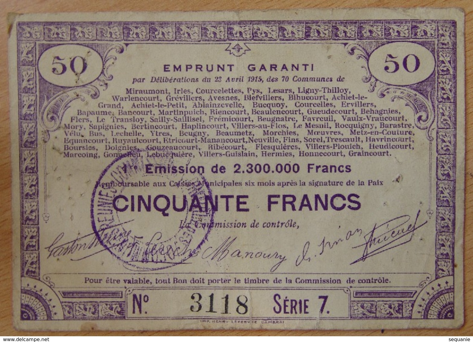 Emprunt Garanti Des 70 Communes (62 - 80 - 59 )  50 Francs 23 Avril 1915 1 Ere émission Série 7 - Bons & Nécessité