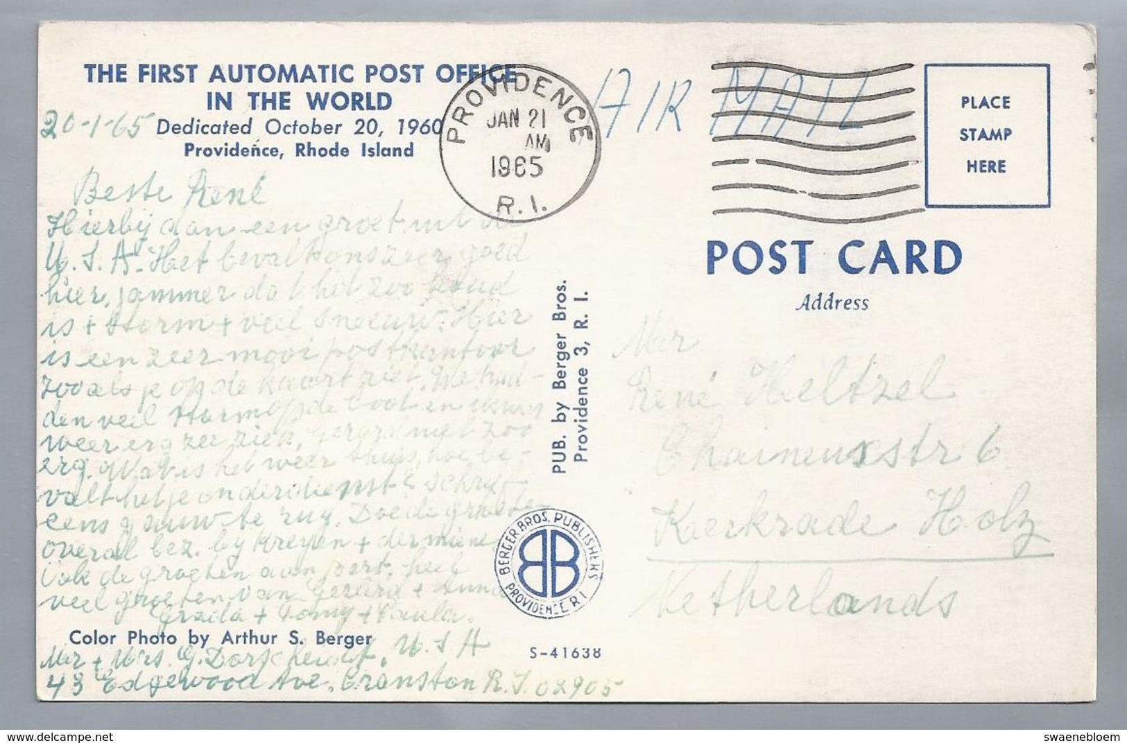 US.- PROVIDENCE, RHODE ISLAND. THE FIRST AUTOMATIC POST OFFICE IN THE WORLD. DEDICATED OCTOBER 20, 1960. - Providence