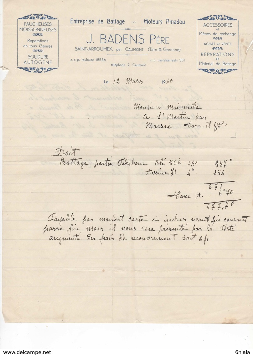 587 FACTURE J. BADENS Père  BATTAGE  Faucheuse, Moisson Moteurs  Amadou Saint ARROUMEX Par CAUMONT  82 2 - Landwirtschaft