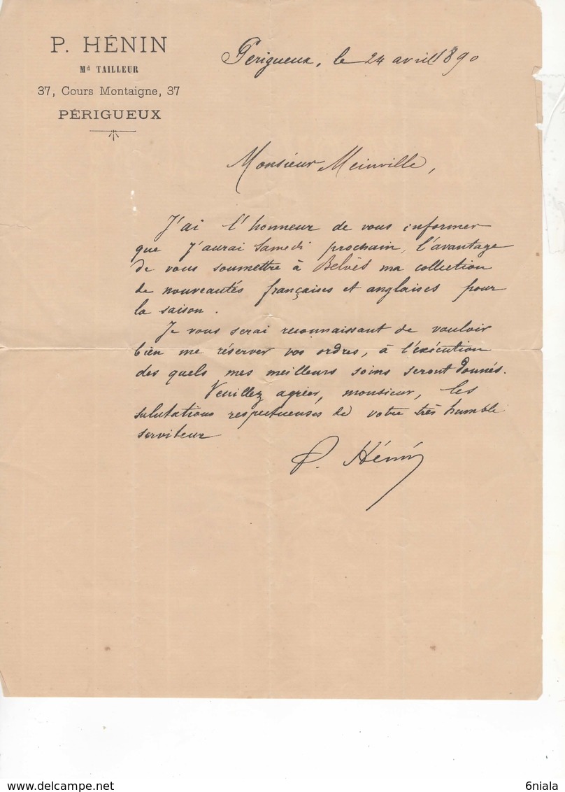 580 FACTURE LETTRE P. HENIN TAILLEUR PERIGUEUX  37 Cours MONTAIGNE 24 24/04/1890 Vêtements - Textile & Clothing