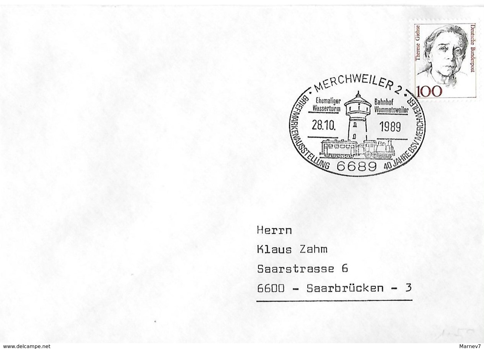 Allemagne - Flamme - Château D'eau - Gare - Train - 28 10 1989 - Merchweiler - 40 Ans - Timbre Thérèse Giehse - - Andere & Zonder Classificatie