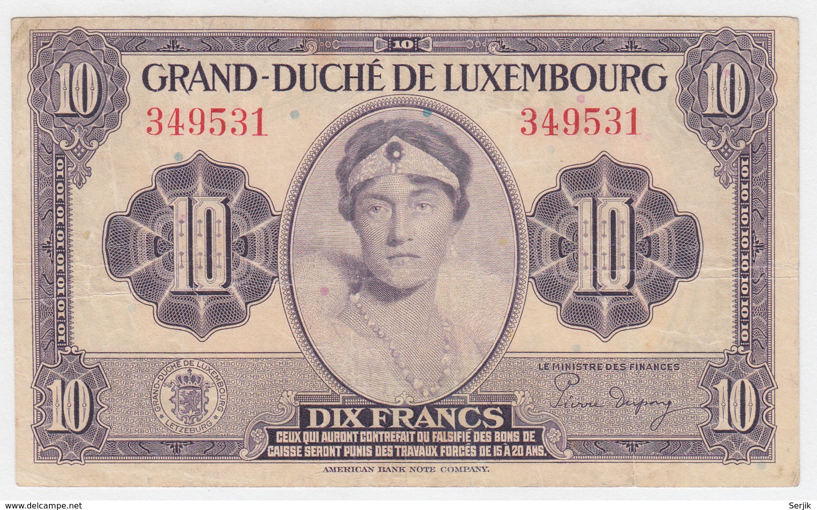 LUXEMBOURG 10 FRANCS 1944 AVF Pick 44 - Luxemburg