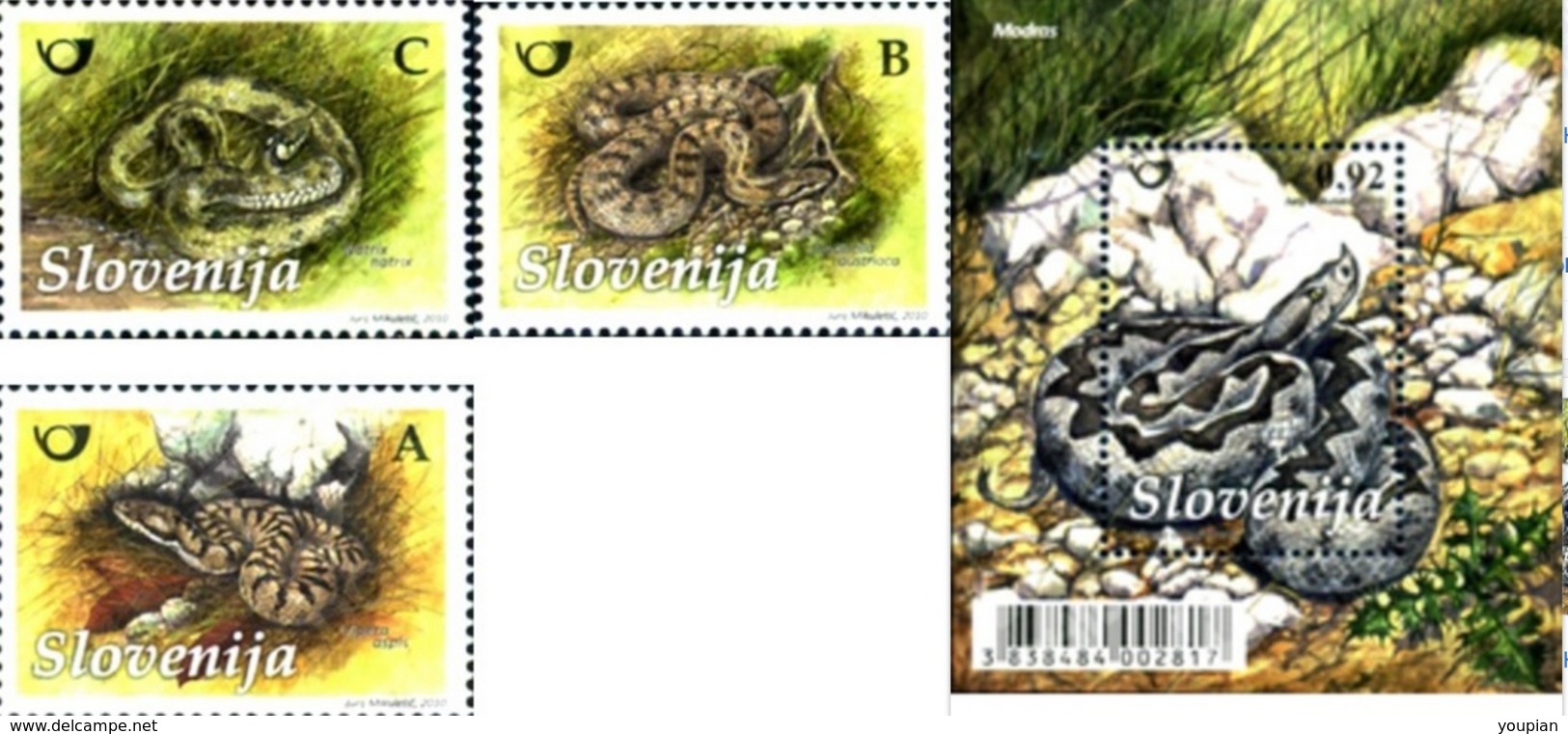 Slovenia 2010, Snakes, MNH S/S And Stamps Set - Slovenia