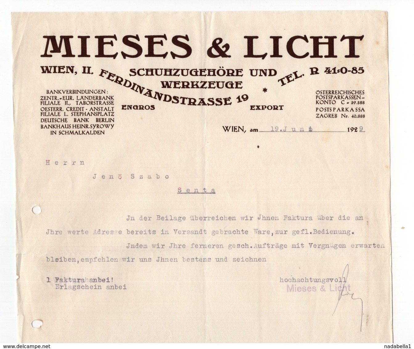 1929 AUSTRIA, VIENNA TO SENTA, SERBIA, LETTER, MIESES & LICHT LETTER HEAD - Briefe U. Dokumente