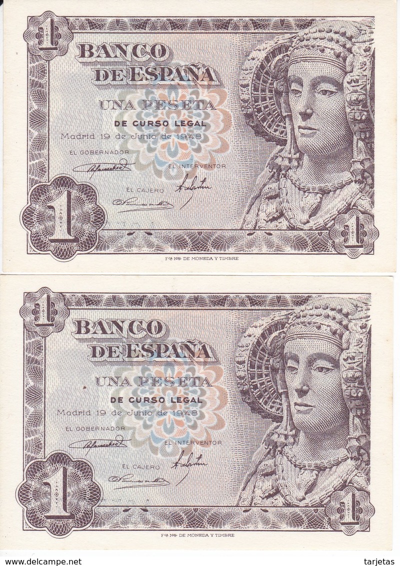 PAREJA CORRELATIVA DE 1 PTA DEL AÑO 1948 SERIE A - DAMA DE ELCHE  SIN CIRCULAR -UNCIRCULATED (BANKNOTE) - 1-2 Pesetas