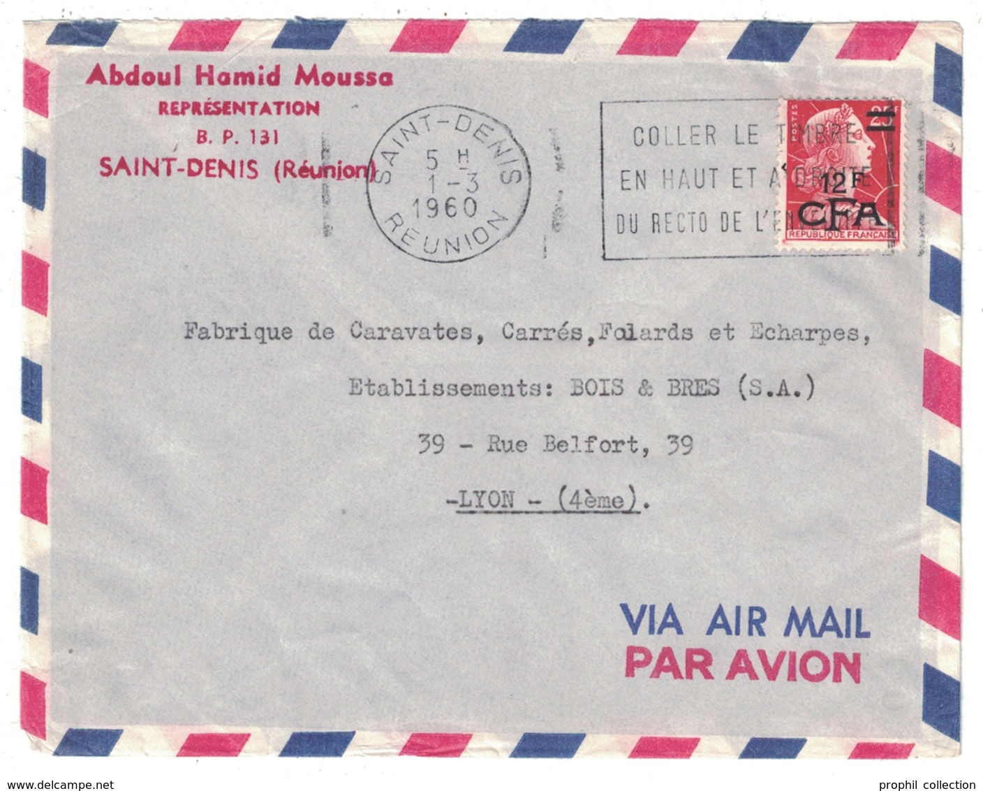 1960 - TIMBRE N° 337A MARIANNE DE MULLER SURCHARGÉ CFA Sur LETTRE SECAP ST SAINT DENIS REUNION Pour LYON FRANCE MOUSSA - Covers & Documents