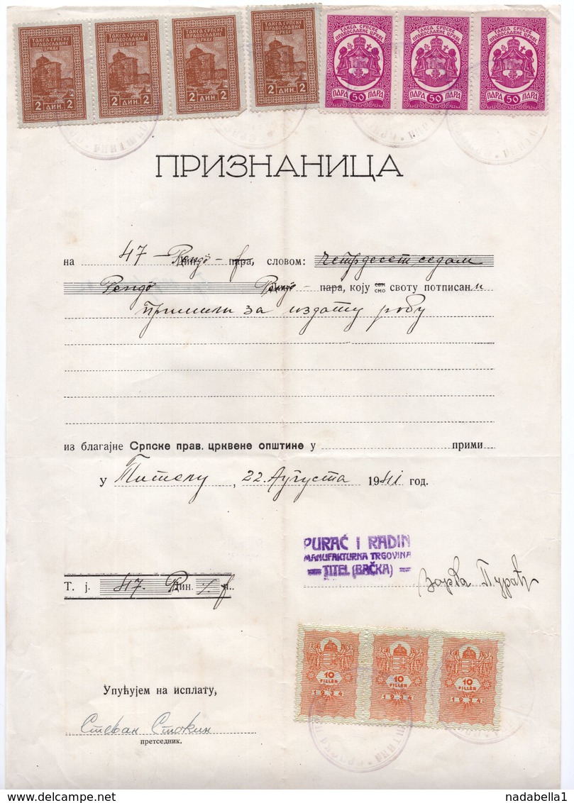 WWII, 22.08.1941. GERMAN OCCUPATION OF SERBIA,TITEL,7 SERBIAN ORTHODOX CHURCH PLUS 3 HUNGARIAN REVENUE STAMPS - Serbia