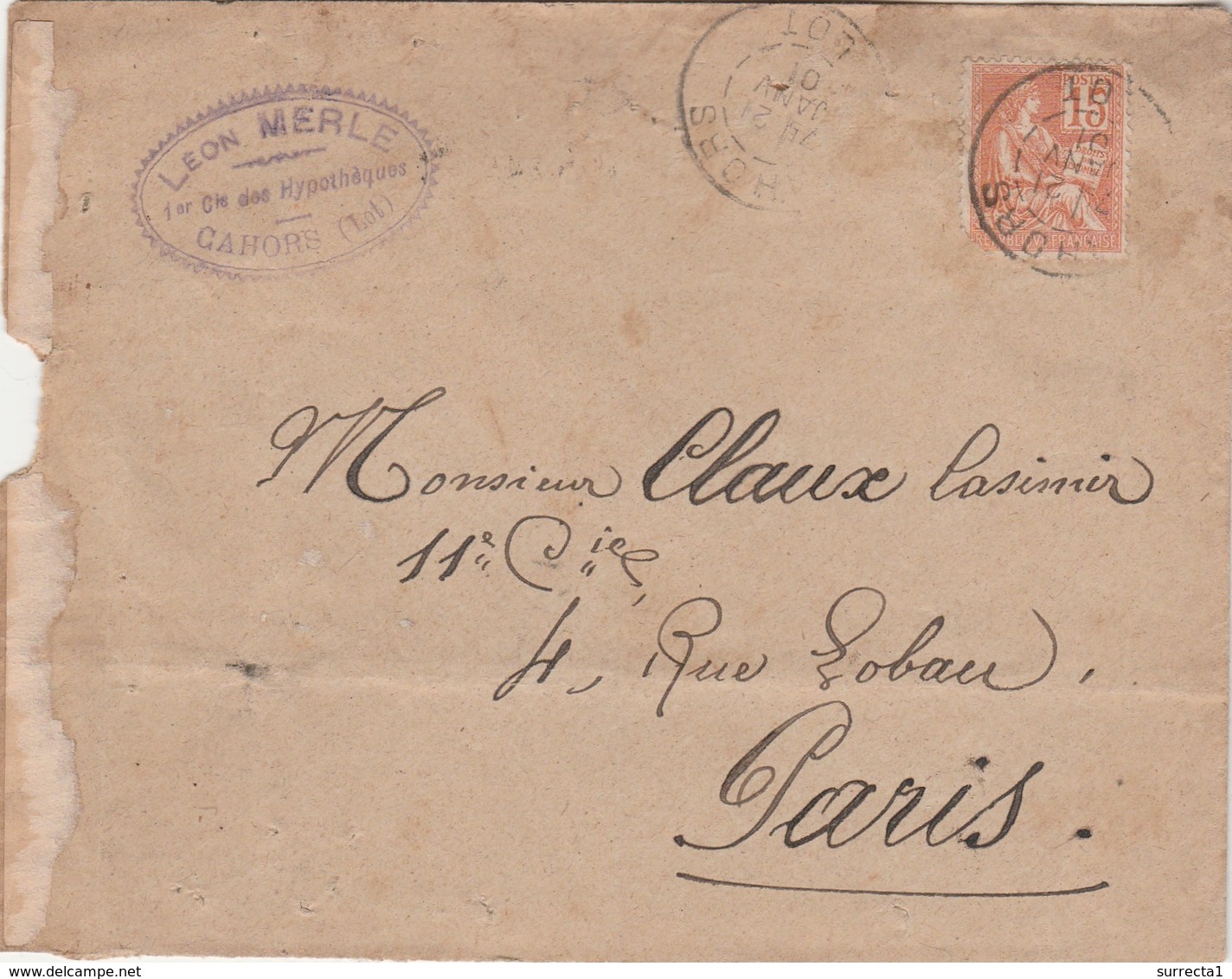 Enveloppe Commerciale 1901 / Léon MERLE / 47 Cahors / Lot / Timbre Mouchon 117 Anomalie Du 1 - Otros & Sin Clasificación