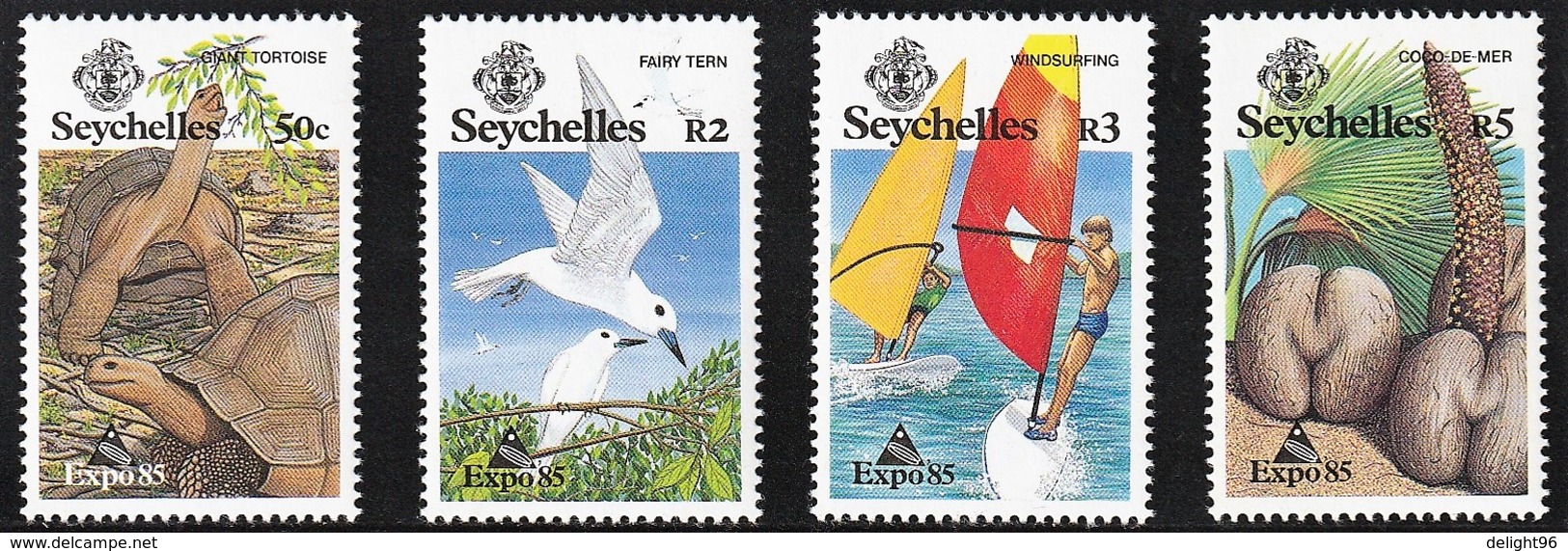 1985 Seychelles EXPO'85:  White Tern, Aldabra Giant Tortoise, Coco De Mer, Windsurfing Set (** / MNH / UMM) - Otros & Sin Clasificación