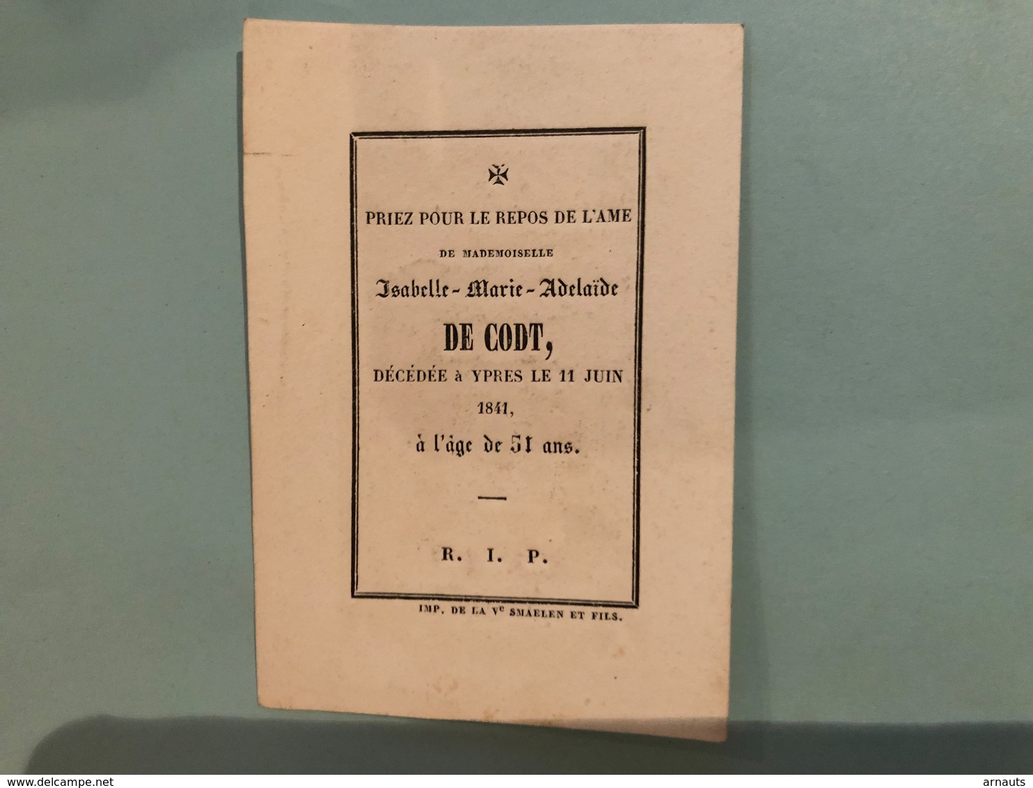 Mademoiselle De Codt Isabella Marie Adelaide +1841 Ieper *1790 Ypres Fille De Albert Et Isabelle Iweins - Décès