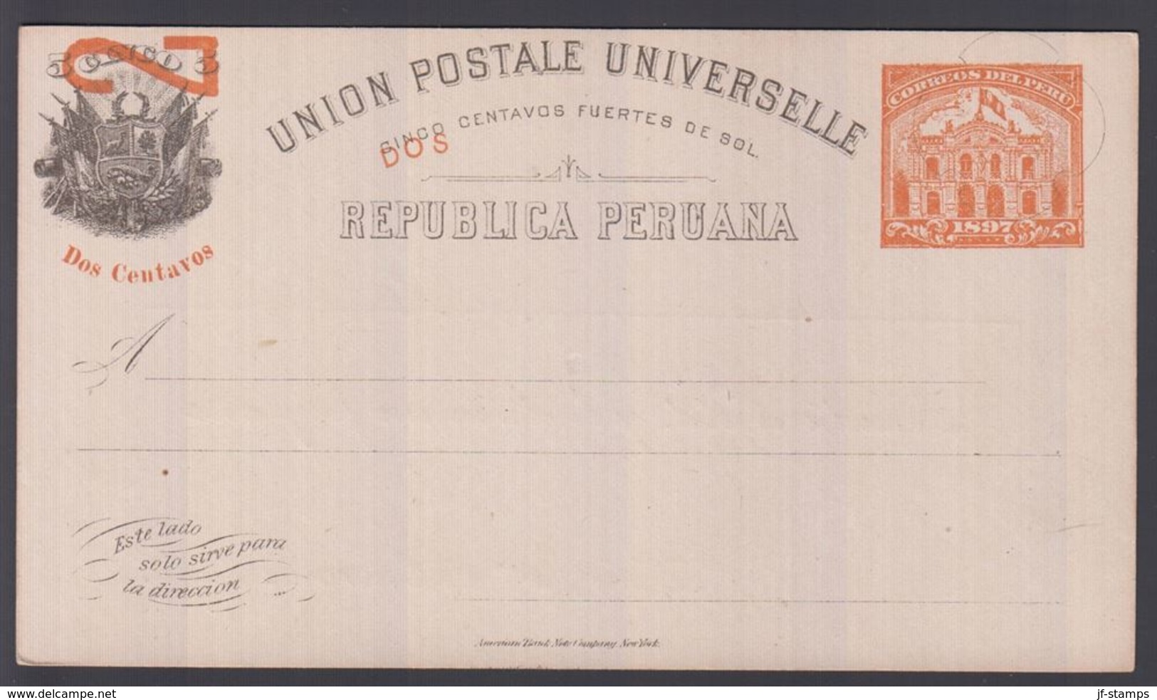 1897. PERU. UNION POSTALE UNIVERSELLE REPUBLICA PERUANA Dos Centavo / 5 CINCO CENTAVO... () - JF362050 - Peru