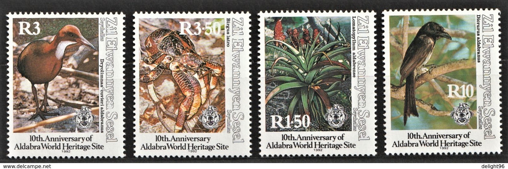 1992 Zil Elwannyen Sesel 10th Anniv Aldabra World Heritage Site: Rail, Coconut Crab, Aloe, Drongo Set (** / MNH / UMM) - Otros & Sin Clasificación