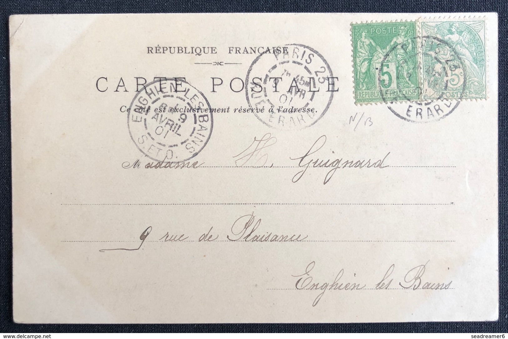 Carte Postale Tarif à 10c Mixte Sage/Blanc 1901 N° 102 & 111 Paris Pour Enghein Amusant !! - 1898-1900 Sage (Type III)